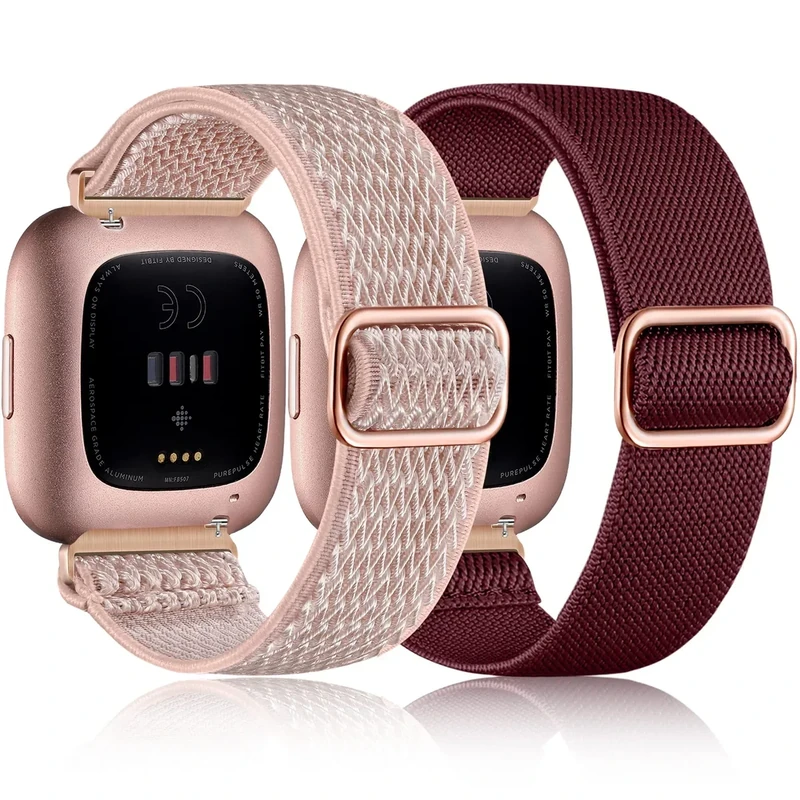 Fuleda Elastic Bands Compatible with Fitbit Versa 2 /Versa/Versa Lite Women Men, Soft Adjustable Braided Nylon Breathable Sport Band for Versa Smartwatch Loop Stretchy Wristband, Dark Wine&Rose Pink