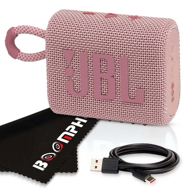 JBL Go 3 Portable Bluetooth Wireless Speaker, IP67 Waterproof and Dustproof Built-in Battery - Pink - Boom h's Comprehensive Ultimate Performance Cloth Solution for Your On-The-Go Sound Experience