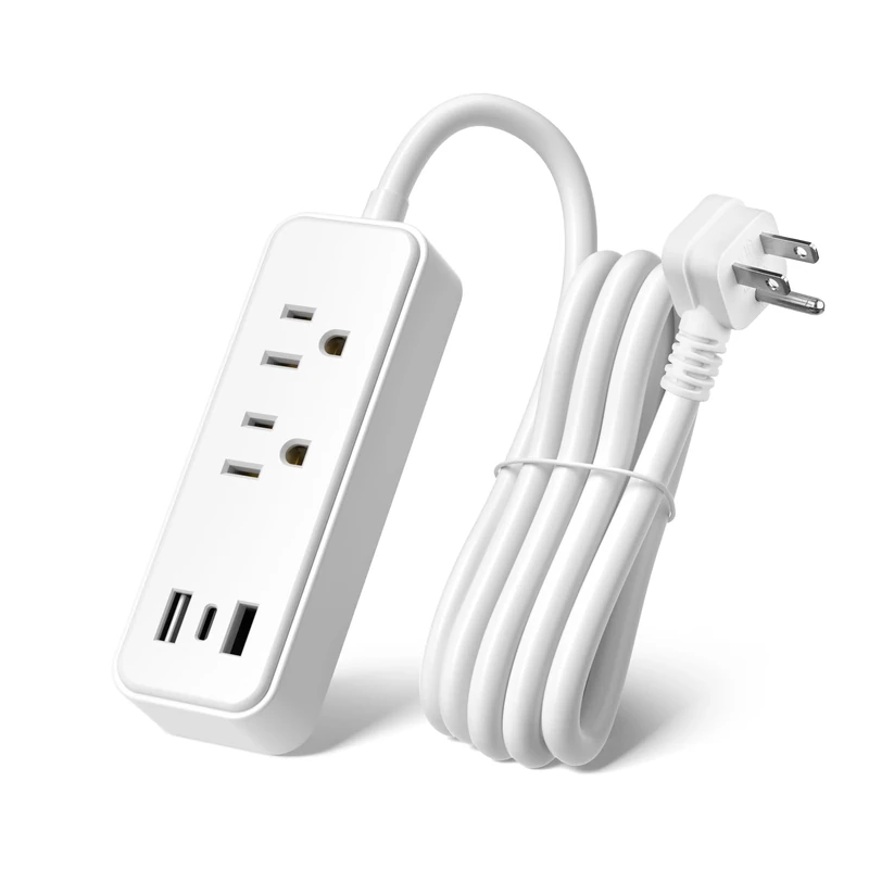 BN-LINK Flat Plug Power Strip - 2 AC, 2 USB-A, 1 USB-C, 6ft Cord