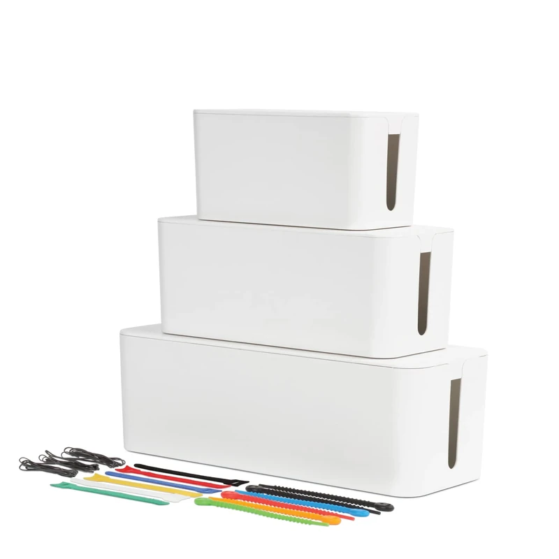 Oxford Cable Management Boxes, 3 Pack, Small, Medium, Large, 15 Cable Ties (Hook & Loop, Silicone,Twist Ties), Power Strip Organizer, White (27800)