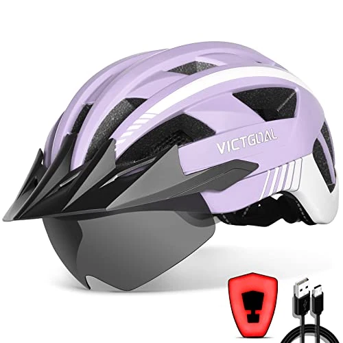 VICTGOAL Bike Helmet with USB Rechargeable Rear Light Detachable Magnetic Goggles Removable Sun Visor Mountain & Road Bicycle Helmets for Men Women Adult Cycling Helmets (XL: 59-63 cm, Purple)