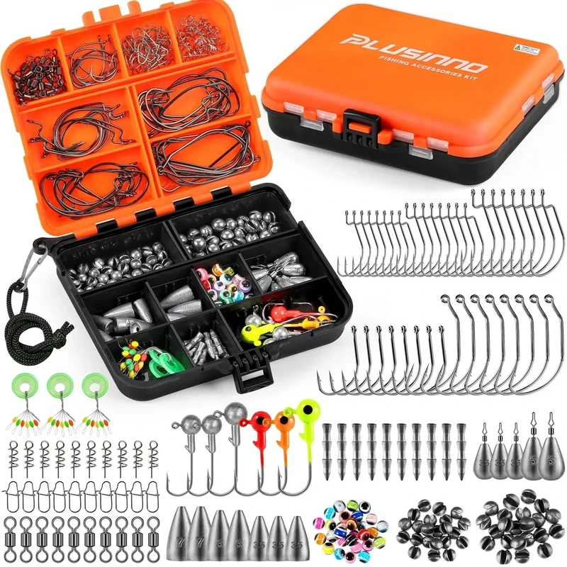 PLUSINNO 201pcs Fishing Accessories Kit,Tackle Box with Tackle Included, Fishing Hooks, Weights, Round Split Shot，Fishing Gear for Bass, Trout, Catfish