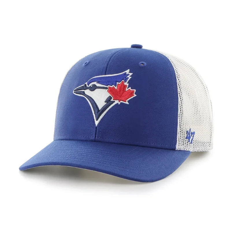 47 MLB Team Color Primary Logo Mesh Trucker Snapback Adjustable Hat Cap, Adult One Size Fits All - Toronto Blue Jays Blue