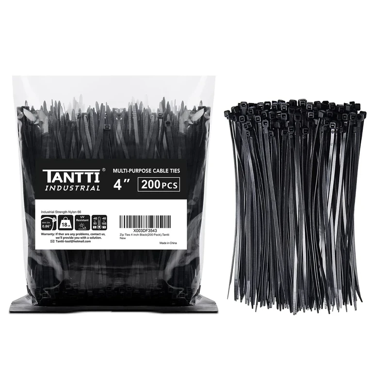 TANTTI 4\" Small Zip Ties - 200 Pack, 18 lb Strength, Black