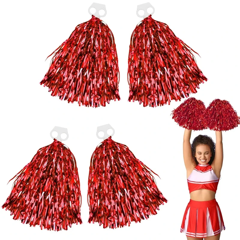 Thenshop 4 Pack Cheerleading Pom Poms Cheerleader Squad Spirited Fun Pompoms Cheer Hand Flowers Metallic Foil Pompoms for Adults Sports Meeting Team Spirit Cheering Party(Red)