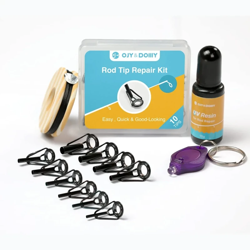 OJYDOIIIY Fishing Rod Tip Repair Kit with Glue, Complete Repalcement Parts Kit with UV Cured Adhesive and 10 Rod Tips - Image 1
