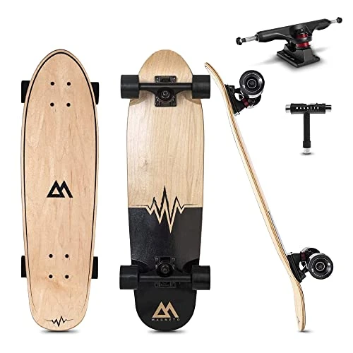 Magneto Longboards Mini Cruiser | 27.5” x 7.5” | for Cruising, Carving, Tricks, Pumptrack + Caliber Trucks + Blood Orange Wheels + ABEC 9 Bearings (Premium/Heart Beat)