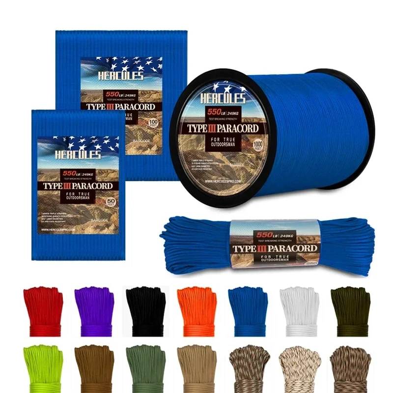 HERCULES Type III Paracord 550 Paracord Rope Parachute Cord, 100' Royal Blue for Survival Rope, Survival Cord