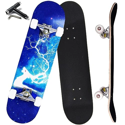 Pro Complete Skateboards for Beginners Girls Boys Kids Youths Teens Adults 31"x8" Skate Boards 7 Layers Canadian Maple Double Kick Deck Concave Longboard (Deer)