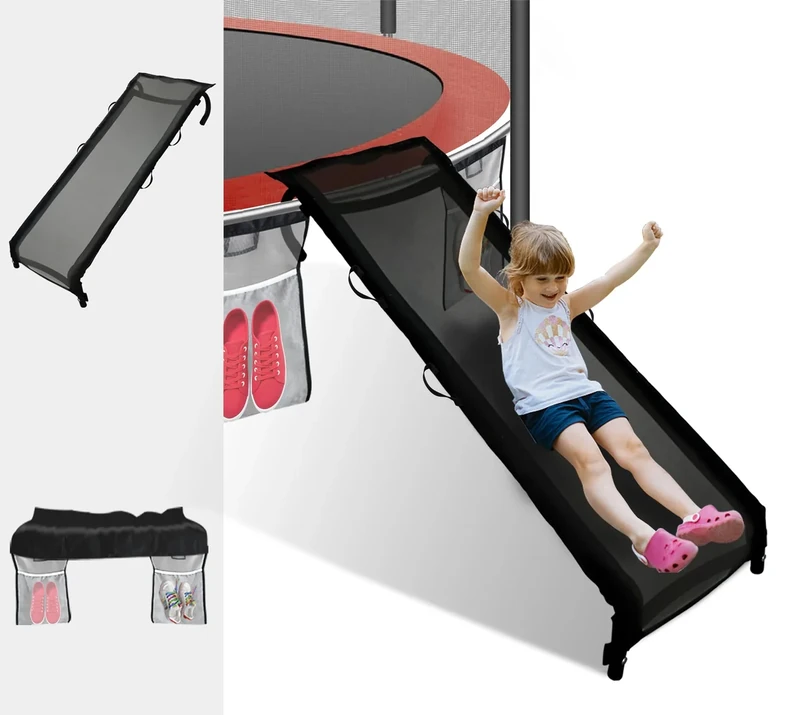 Eurmax USA Universal Easy-to-Assemble Trampoline Slide Ladder, Heavy Duty Steel Trampoline Accessory Slide for Kids Climb Up&Slide Down/Black with Shoes Pocket