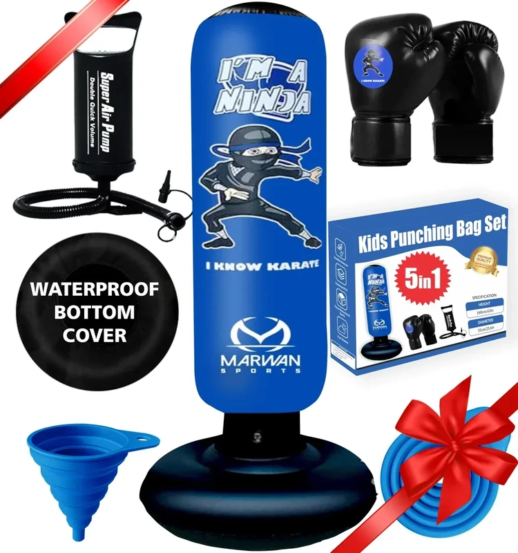 Marwan Sports Punching Bag for Kids with Boxing Gloves Ages 4-12 – 63" Inflatable Boxing Bag for Kids, Fast Rebound Set, Birthday for Boys & Girls
