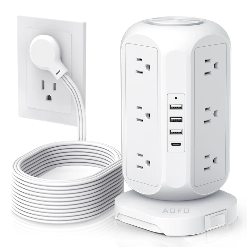 AOFO 15ft Surge Power Strip Tower - 12 AC Outlets, 4 USB (1 USB-C)