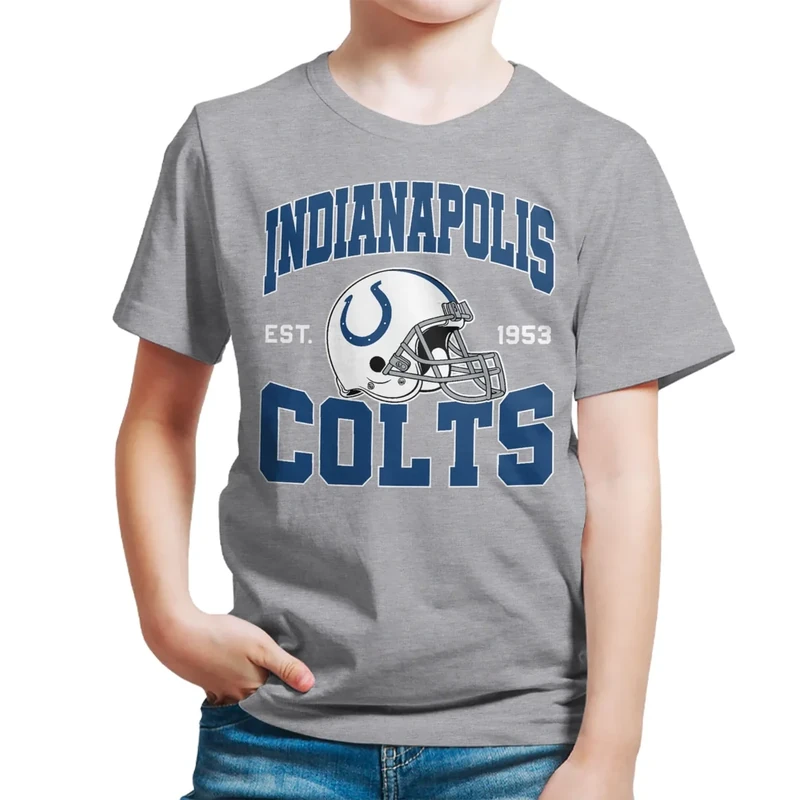 Junk Food Clothing x NFL - Indianapolis Colts - Team Helmet - Kids Short Sleeve T-Shirt for Boys and Girls - Size Large