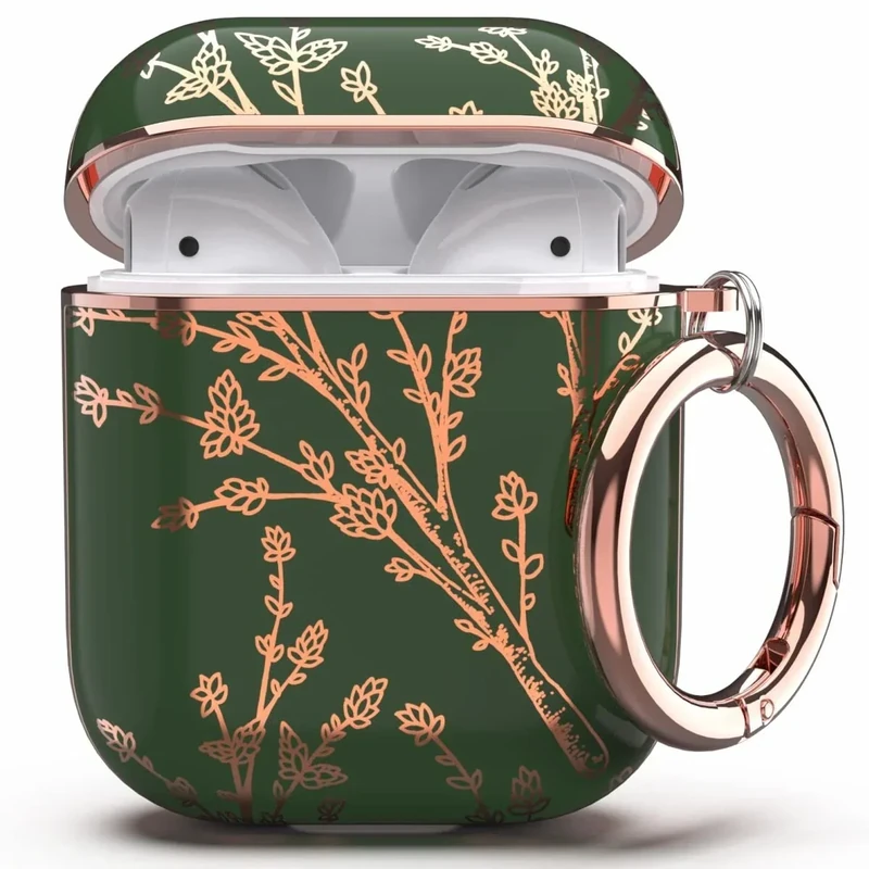 TATOFY Case Cover for AirPods 1&2, Stylish AirPods Case for Women Girls, Golden Flower Patterns Protective Hard Case with Clip (Golden Leaf)