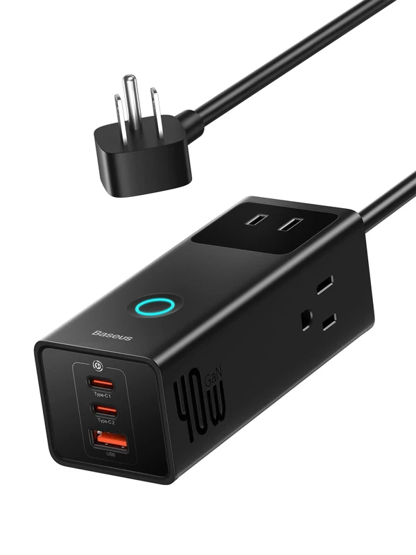 Baseus 1200J Surge Protector - PD40W USB-C, 3 AC Outlets & 3 USB Ports - Image 1