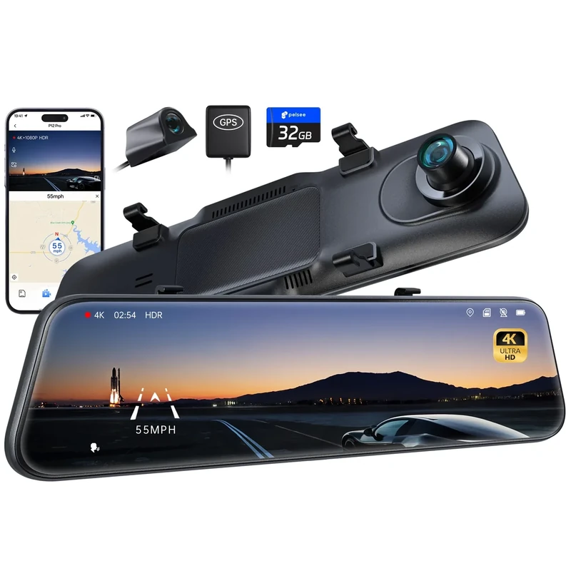 Pelsee P12 Pro 4K Mirror Dash Cam - ADAS BSD 12" Touch WiFi GPS