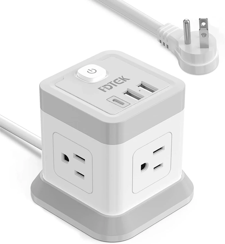 FDTEK USB-C Power Strip - 4 AC Outlets, 3 USB Ports, 10ft Cube - White