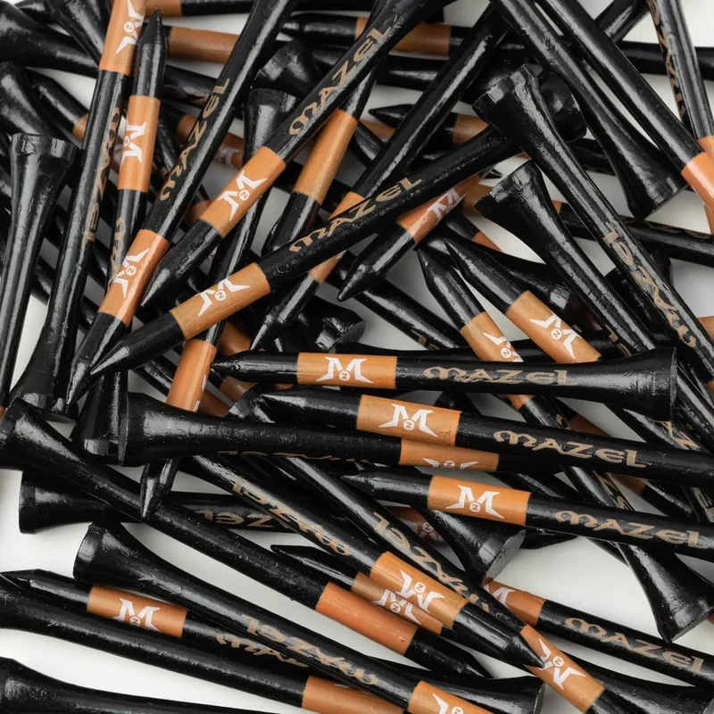 MAZEL Natural Wood/Bamboo Golf Tees 2 3/4 Inch & 3 1/4 Inch,Pack 50 or 120,Reduce Friction & Side Spin,More Stable Golf Tees (50 Pack(25 * 2-3/4"+25 * 3-1/4"),Orange Black)