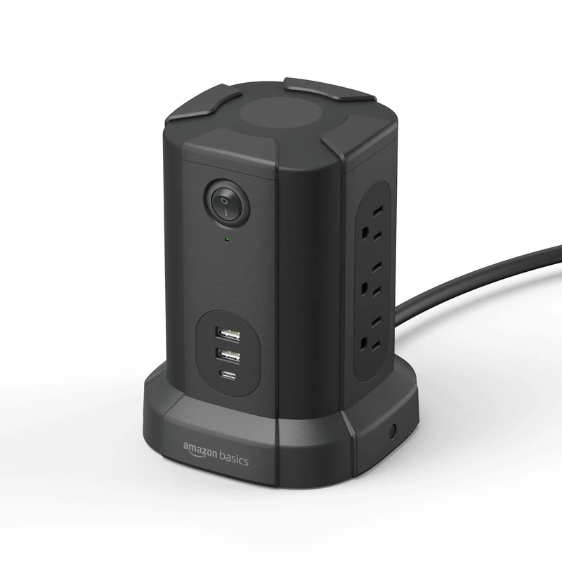 Amazon Basics Rectangular Power Strip Tower Surge Protector 1080J, 9 Outlet with Integrated USB Charging Ports (2 USB-A and 1 USB-C), 15A, 6ft Cord, Black