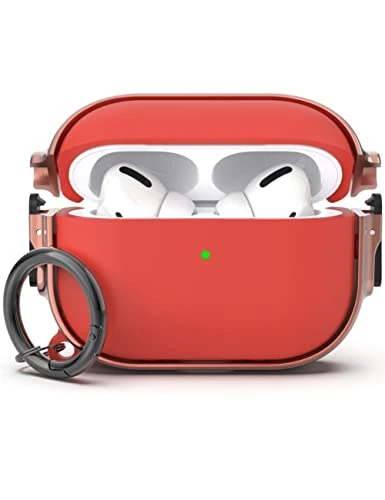 GuarzFun Case for AirPods Pro 2, Secure Lock Clip, Hybrid Material, Full Body Protective Cover (Rose Golden + Red)