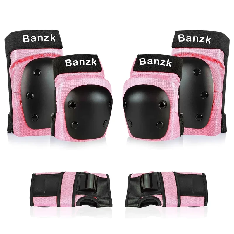 Banzk Adult/Child Knee Pads Elbow Pads Wrist Guards 3 in 1 Protective Gear Set for Skateboarding Inline Roller Biking Roller Skating Cycling Outdoor Sports Pink L