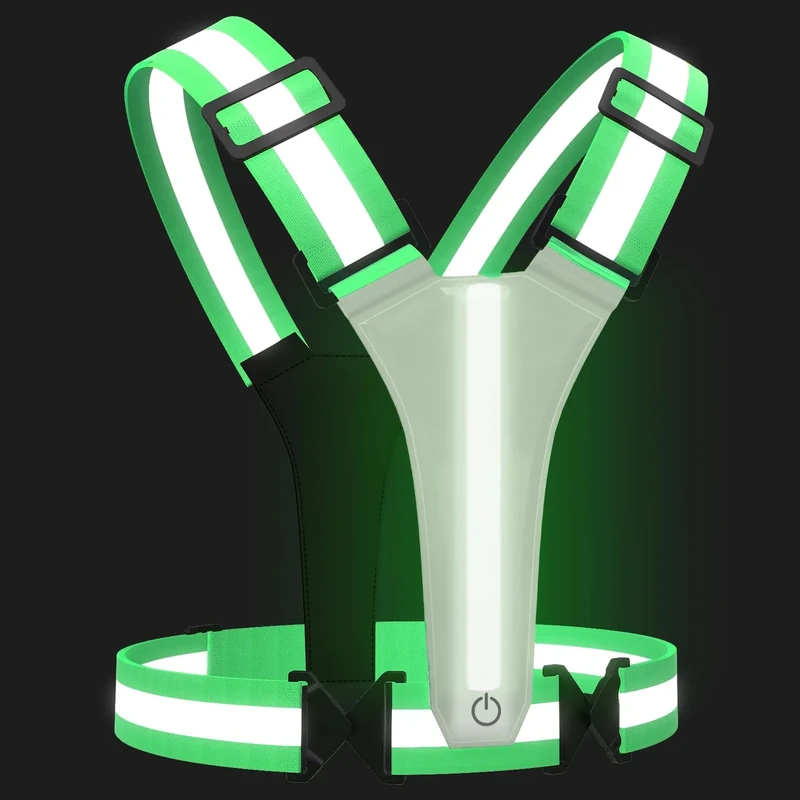 SAWNZC LED Reflective Vest Running Gear, 5 Colors Lights Up Running Vest for Night Walking Cycling Jogging, Adjustable Size for Men Women Kids, Rechargeable and High Visible (1, GrassGreen)