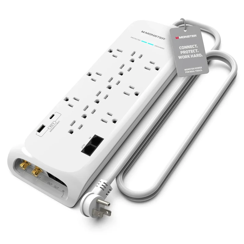 Monster Power Surge Protector w/ 4050 Joule Rating — Heavy Duty 6 FT Surge Protector Power Strip w/ 12 Outlets, 2 USB, 2 Coax, 2 Ethernet Ports — Fireproof MOV, Dual Mode, Clean Tech (White)