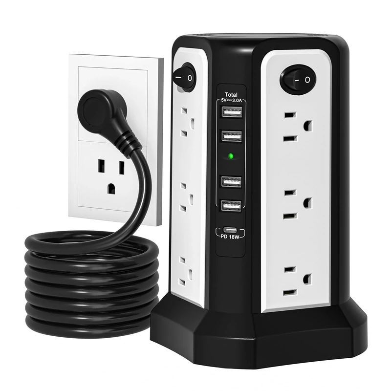 PASSUS Power Strip Tower - 12 AC Outlets, 5 USB (PD18W USB-C), 10ft