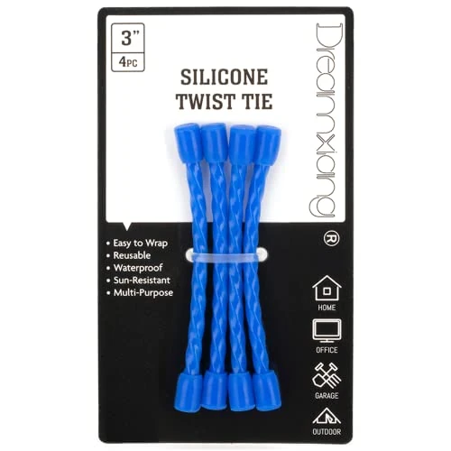 Dreamxiang 4pcs-4in Silicone Cable Ties Reusable Steel-Core Silicone Twist Cable Tie Straps for Bundling and Organizing, All Purpose Bendable Holder Strap for Indoor and Outdoor（Blue）