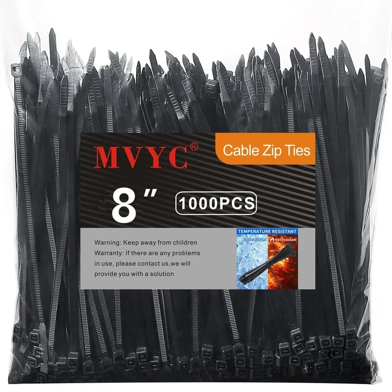 Mvyc Zip Ties, Heavy Duty Cable and Wire Ties with 50 Ibs Tensile Strength and UV Resistance, for Home, Office, Garden, Workshop, Black (8 Inch, 1000 Pack)
