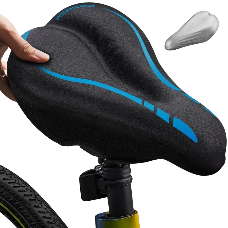 MEENCOOL Bike Seat Cushion - Gel Padded Bike Seat Cover for Men Women Comfort, Adjustable Velcro Secure Bicycle Seat Cushion Compatible with Peloton, Indoor & Outdoor Bicycle Seat(11"x7"，Blue)