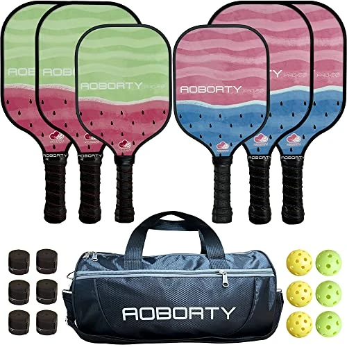 AOBORTY Pickleball Paddles 6 Pack - Light Graphite Premium Rackets Fiber Face & Polymer Honeycomb Core Pickleball Set with 6 Outdoor Indoor Balls Including Portable Carry Bag, 6 Replacement Soft Grip