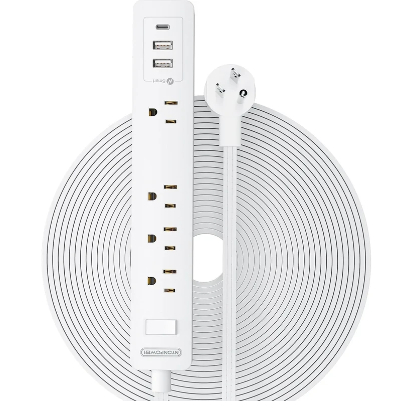 NTONPOWER Long Extension Cord 25 Ft, Flat Extension Cord Under Carpet, Power Strip Long Cord, Wall Mount Power Strip with 4 Outlets 2 USB A + USB C, Overload Protection for Indoor, Home, Dorm, Office