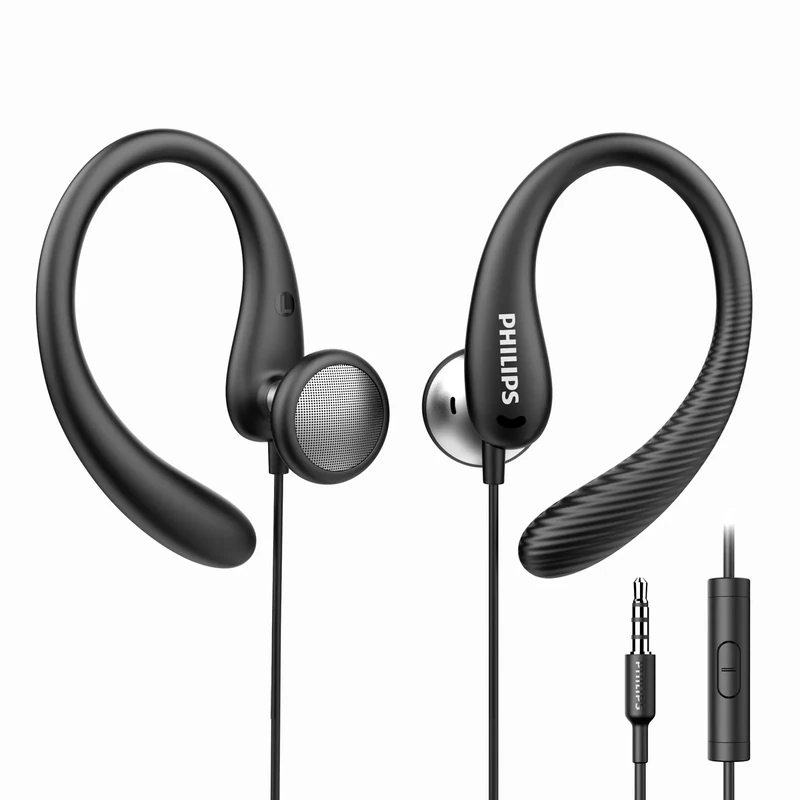 Philips Over-Ear Earbuds with Mic - Flexible Wrap Sports Headset Black