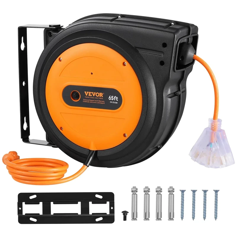 VEVOR 65ft Extension Cord Reel -12AWG, Lighted Triple Tap, 15A Breaker