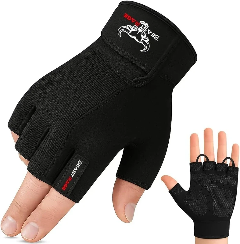 BEAST RAGE Workout Gloves for Men, Durable Palm Grip Gym Gloves Women Half Finger Elasticated Training Weight Lifting Strength Bodybuilding Anti Slip Cycling Glove Exercise (Jet Black, M)
