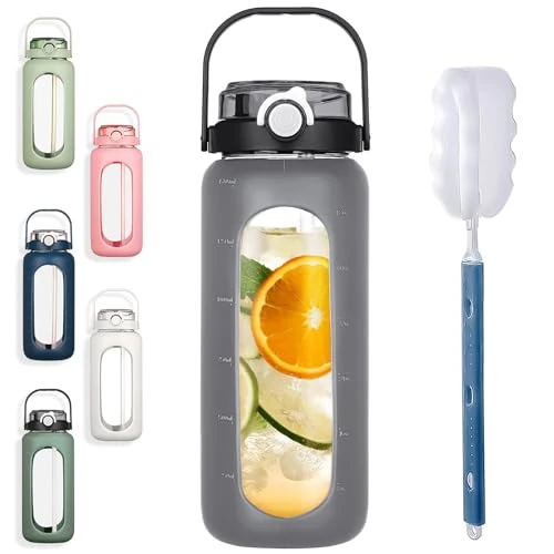 BLUEGO 56oz Glass Water Bottles with Straw Time Marker Half Gallon Large Motivational Water Bottle with Silicone Sleeve 2 Liter Large Glass Water Jug for Gym, Sports& Workout, Daily, Dark Grey