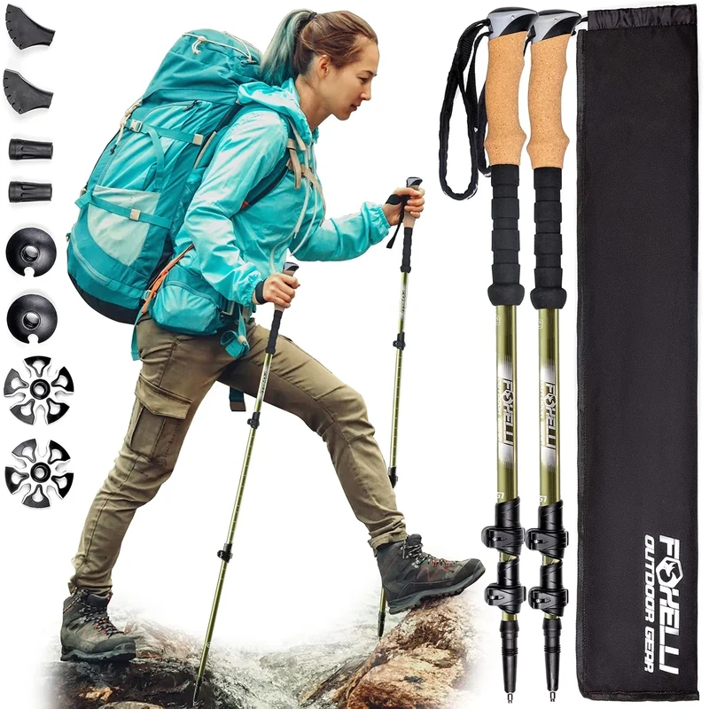 Foxelli Carbon Fiber Trekking Poles – Lightweight Collapsible Hiking Poles with Cork Grips, Quick Flip Locks & All-Terrain Accessories – Adjustable Height Hiking Sticks for Men & Women