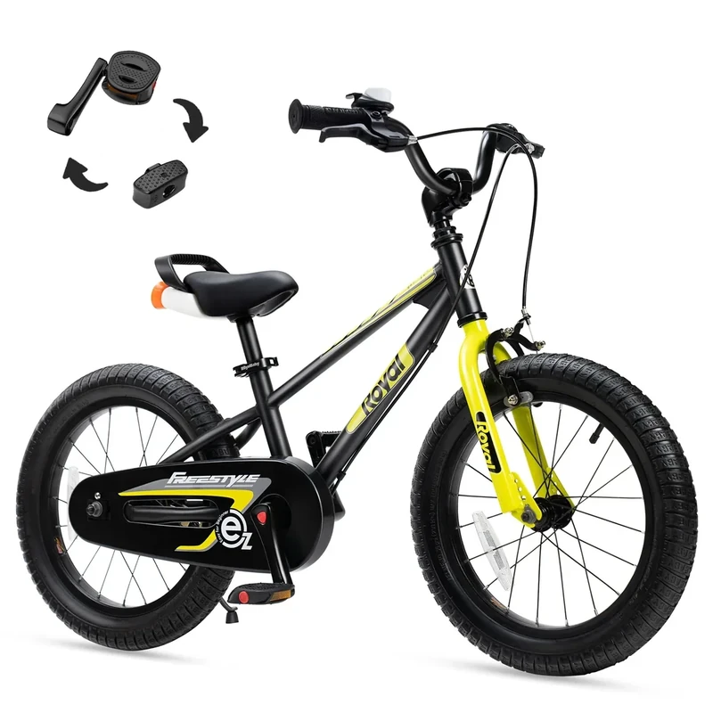RoyalBaby EZ Kids Bike, 16 Inch Balance Pedal Convertable Bicycle, Easy Learn Balancing to Biking Boys Girls Ages 4-7 Years Beginners, 16" Wheel Black