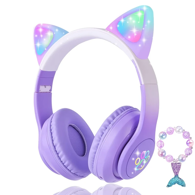 KORABA Cat Ear Kids Bluetooth Headphones - LED Light, 7-12h Battery