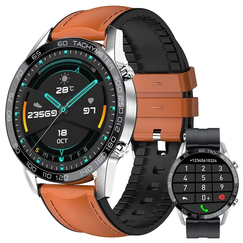 FILIEKEU Leather Men Smart Watch for Android iOS, Bluetooth Calls Voice Chat with Heart Rate Fitness Tracker, 1.3" Full Touch Screen IP67 Waterproof Silicone Activity Tracker for Men