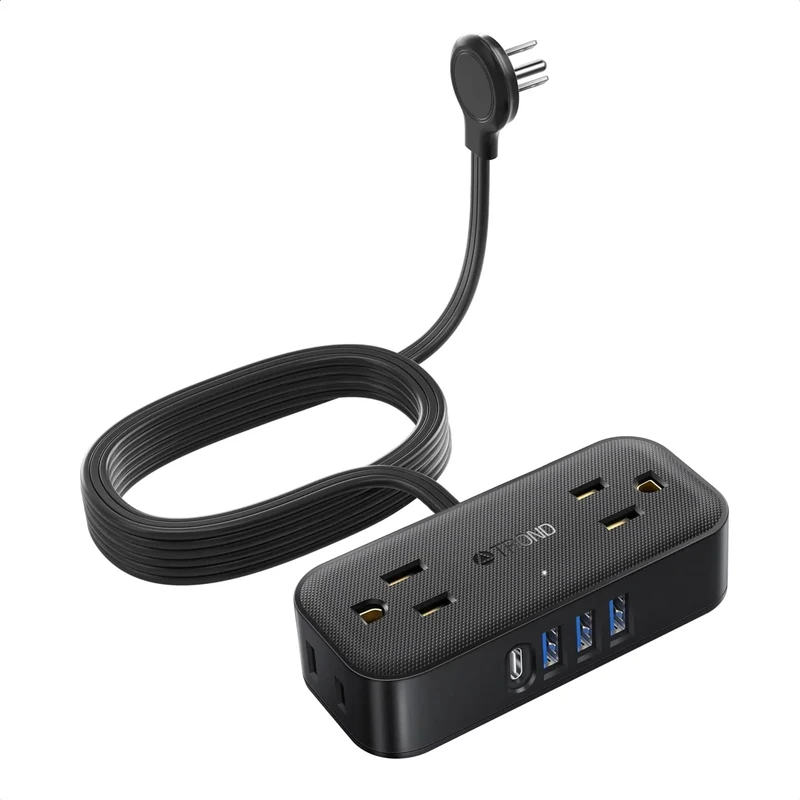 TROND Flat Plug Power Strip USB 10ft Cord, 8 Sockets, Black
