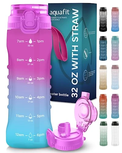 AQUAFIT 32 oz Water Bottle with Time Marker - 2in1 Straw & Chug Lid - BPA Free Big Water Bottle with Straw - Gym Water Bottle with Strap - Water Jug (32 Ounces, Hazy Day)