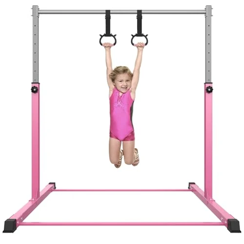 Safly Fun Gymnastics Bar for Kids Ages 3-15 for Home - Steady Steel Construction, Anti-Slip, Easy to Assemble, 3' to 5' Adjustable Height