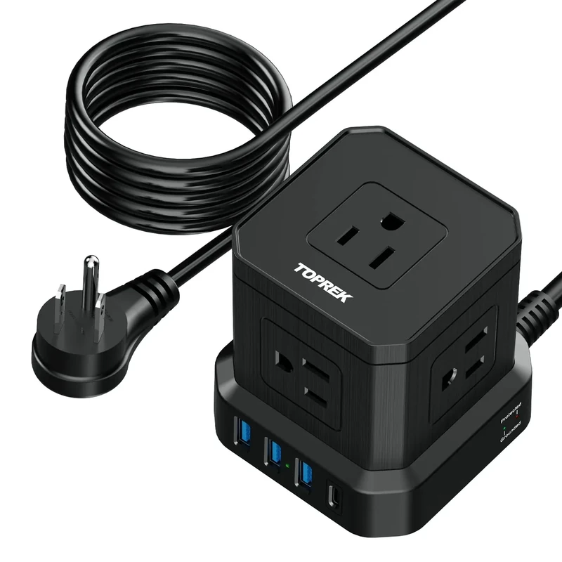 TOPREK 9-in-1 Strip - 5 AC, 4 USB (USB-C 3A), 10ft Extension 700J Surge