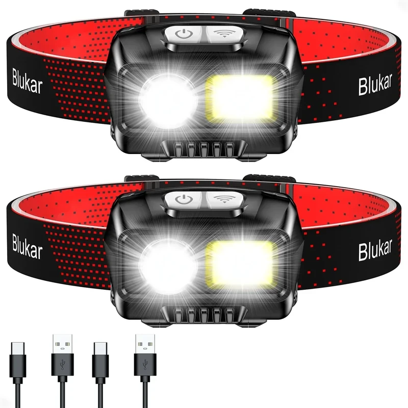 Blukar LED Headlamp Rechargeable,2000L High Lumen Super Bright Dimmable Headlight Flashlight with Motion Sensor- 8 Modes,Spotlight&Floodlight,IPX5 Waterproof for Camping,Hiking,Running,Fishing -2 Pack