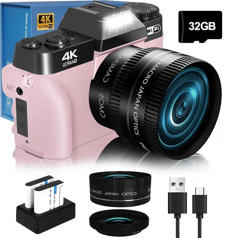 VJIANGER Camera - 64MP, 16X Zoom, 180deg Flip, WiFi, 32GB SD (Pink)
