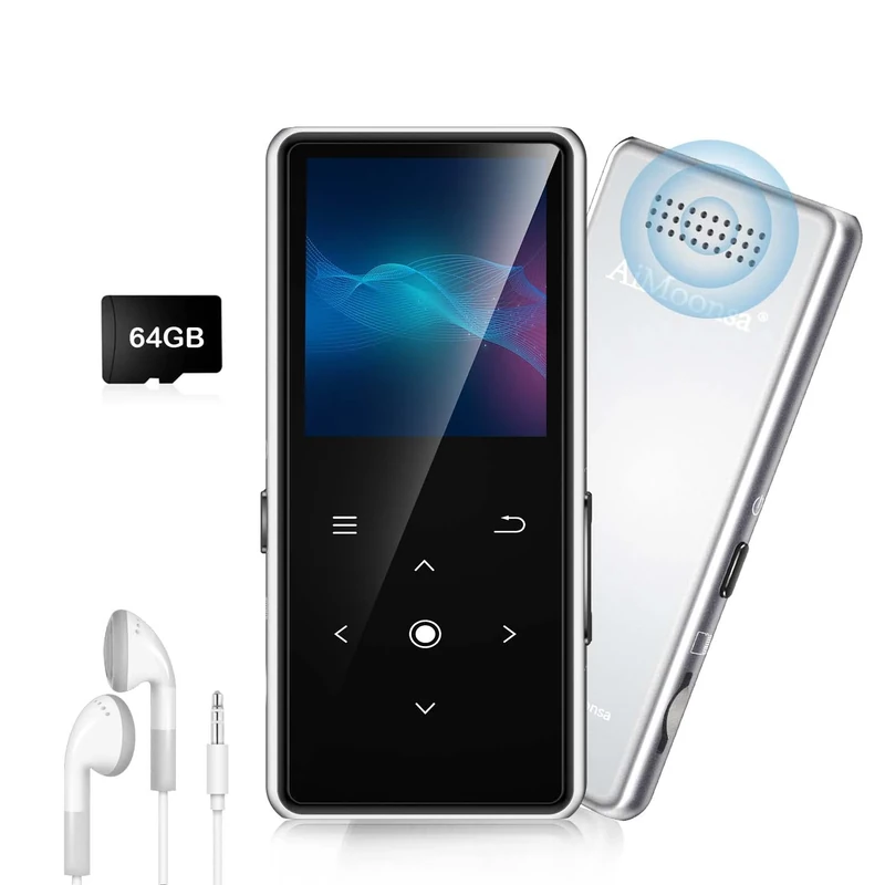 64GB MP3 Player with Bluetooth 5.2, AiMoonsa Music Player with Built-in HD Speaker, FM Radio, Voice Recorder, HiFi Sound, E-Book, Earphones Included, Silver