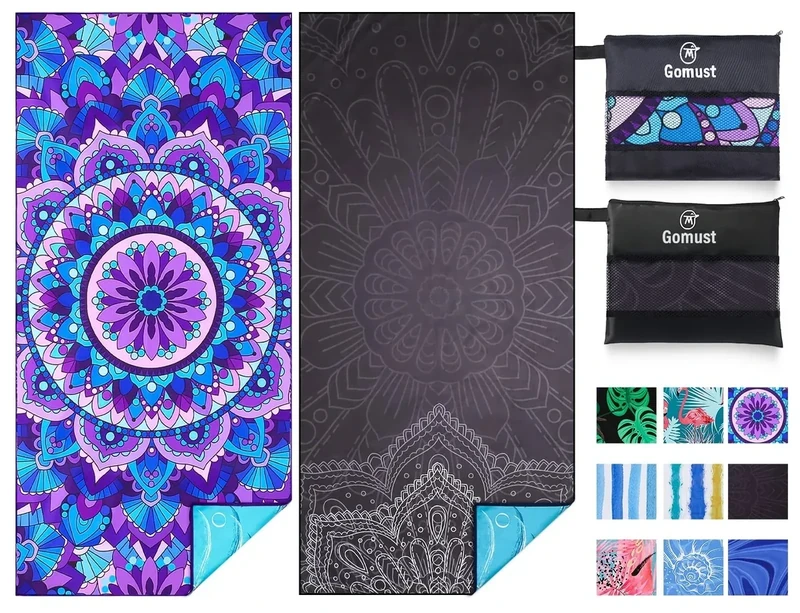 2 Pack Lightweight Thin Beach Towel Oversized 71"x32" Big Extra Large Microfiber Sand Free Towels for Adult Quick Dry Travel Camping Beach Accessories Vacation Essential Gift Purple Black Mandala