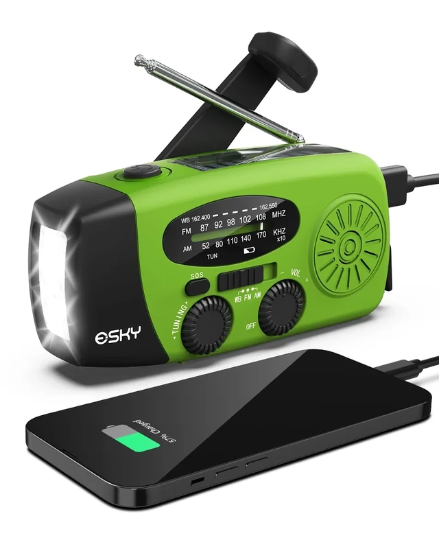 Esky Hand Crank Radio with 2000mAh Bank -Solar USB, 3 Flash, AM/FM/NOAA